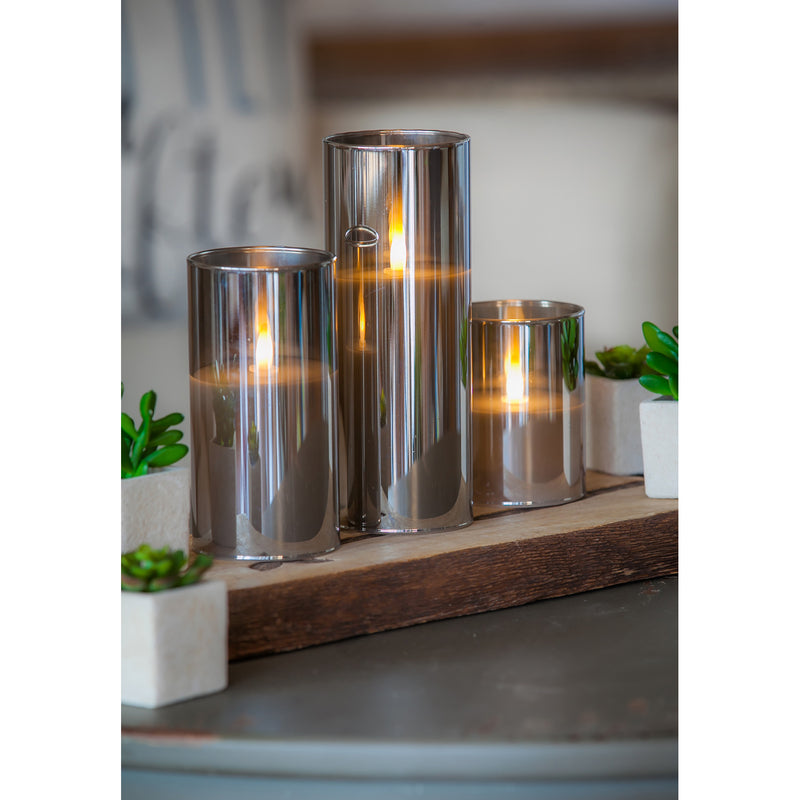 Smoke Glass Battery Operated Flameless LED Wax Pillar Candle, Set of 3,3led148