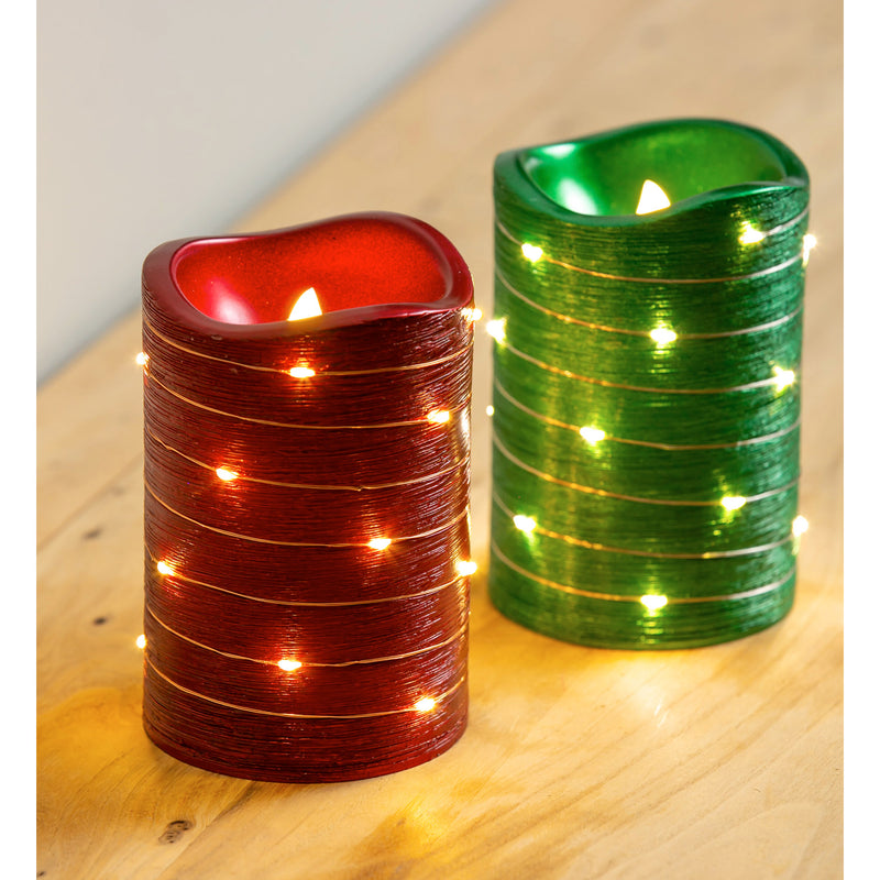 LED Metallic Swirl Flameless Candle with Timer Function, 2 Asst, Red/Green,3led225