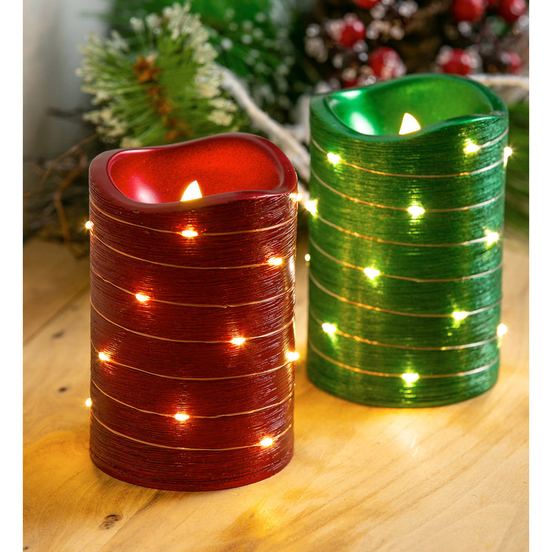 LED Metallic Swirl Flameless Candle with Timer Function, 2 Asst, Red/Green,3led225