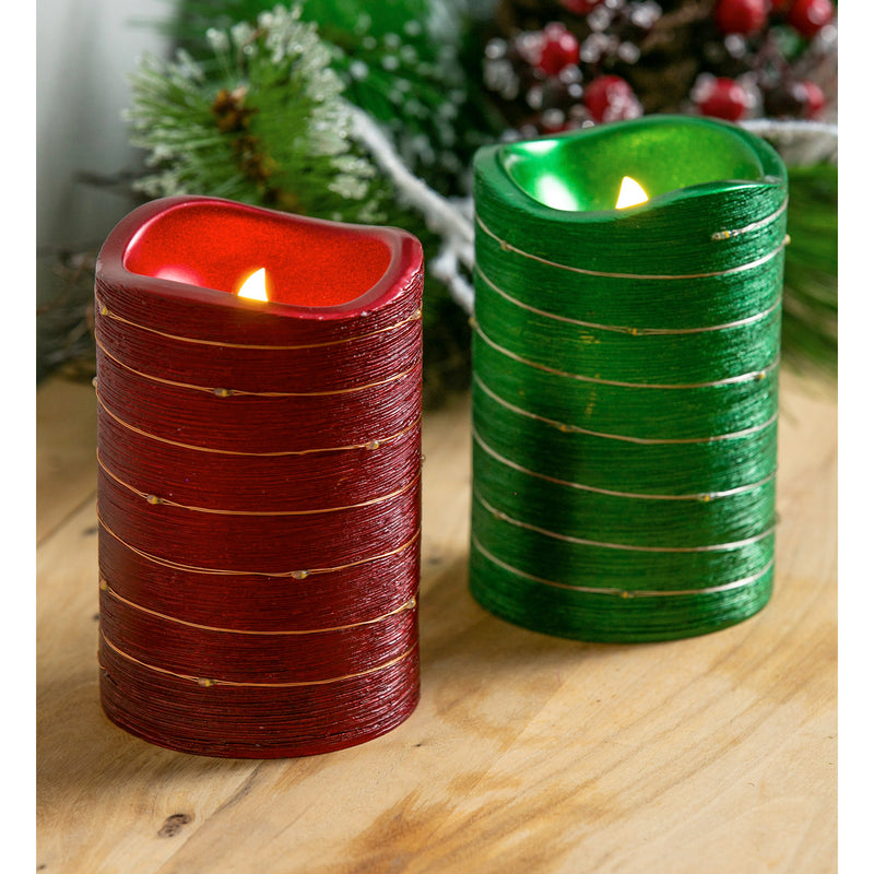 LED Metallic Swirl Flameless Candle with Timer Function, 2 Asst, Red/Green,3led225