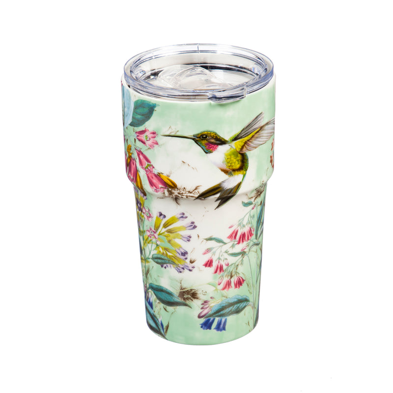 Evergreen Tabletop,Double Wall Ceramic Companion Cup with Tritan Lid, 13 OZ, Paradise Pond,3.5x3.5x6.25 Inches