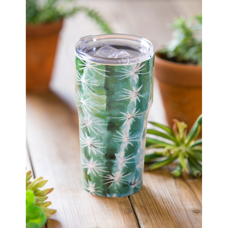 Evergreen Tabletop,Double Wall Ceramic Companion Cup with Tritan Lid, 13 OZ, Sunning Catcus,3.5x3.5x6.25 Inches