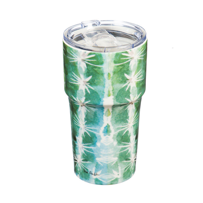Evergreen Tabletop,Double Wall Ceramic Companion Cup with Tritan Lid, 13 OZ, Sunning Catcus,3.5x3.5x6.25 Inches