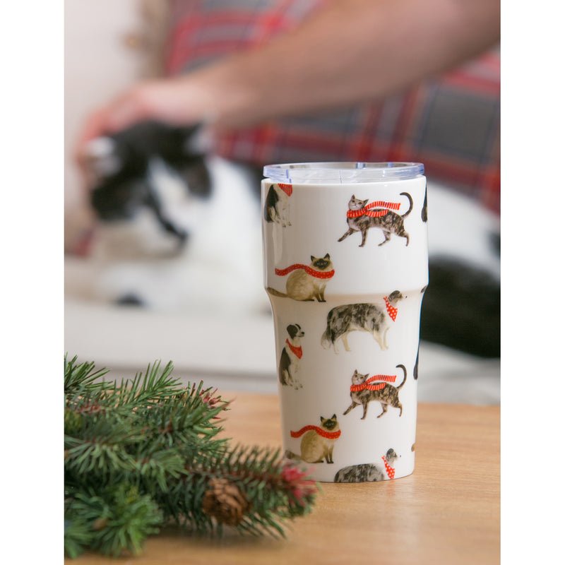 Evergreen Tabletop,Double Wall Ceramic Companion Cup with Tritan Lid, 13 OZ, Stylin Cat & Dog,3.5x3.5x6.25 Inches