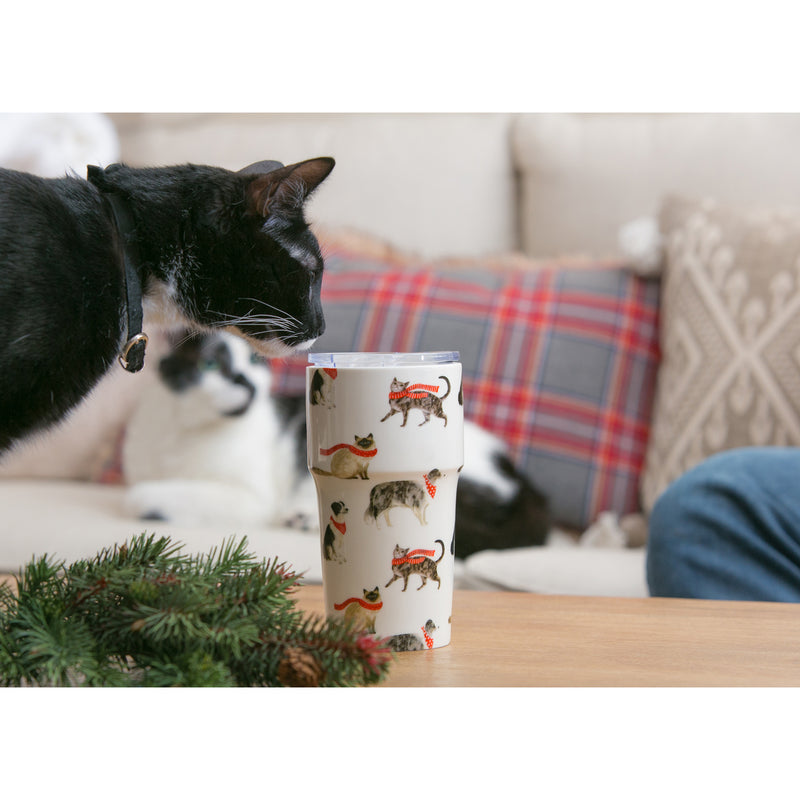 Evergreen Tabletop,Double Wall Ceramic Companion Cup with Tritan Lid, 13 OZ, Stylin Cat & Dog,3.5x3.5x6.25 Inches