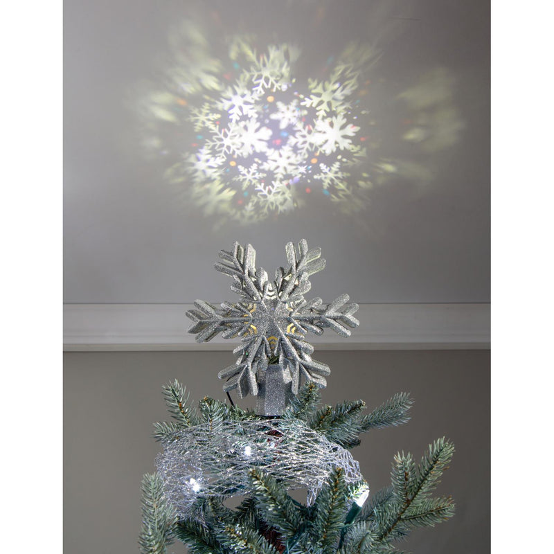 LED Silver Glitter Snowflake Tree Topper with Projected Icons