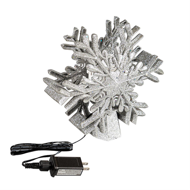 LED Silver Glitter Snowflake Tree Topper with Projected Icons