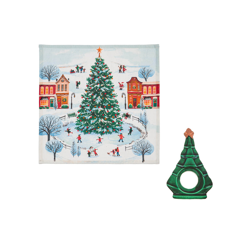 12" Fabric Napkins with Christmas Tree Napkin Ring Set,3nrs001