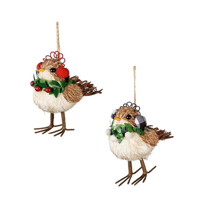 4" Sisal Bird with Wreath and Earmuffs Ornament, 2 Asst.,3orn061