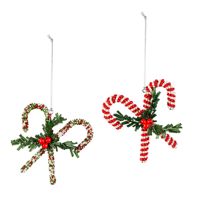 5" Beaded Candy Cane with Artificial Ornament,3orn080