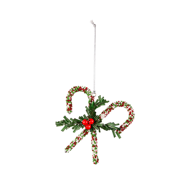 5" Beaded Candy Cane with Artificial Ornament,3orn080