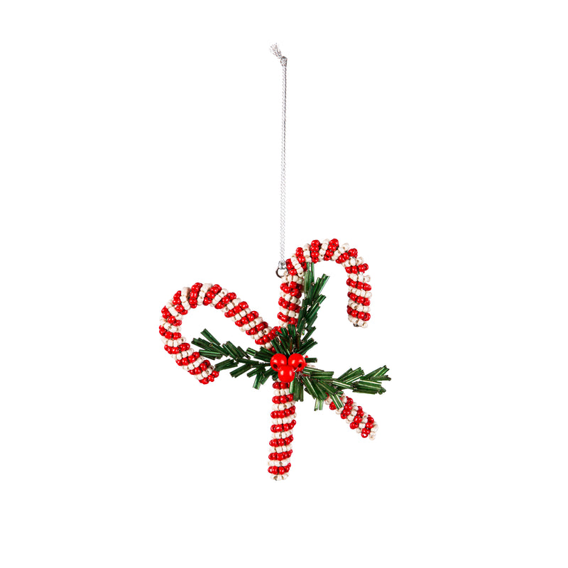 5" Beaded Candy Cane with Artificial Ornament,3orn080