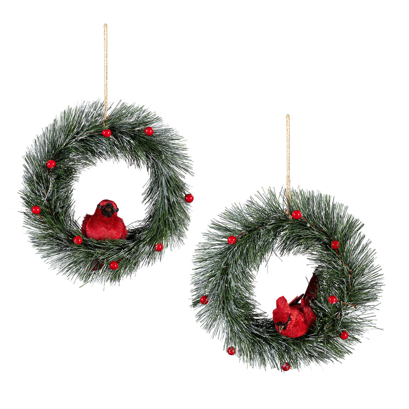 Holiday Poinsettia Ornament Natural Fiber Cardinal on Artificial Wreath, 6"L, Asst of 2