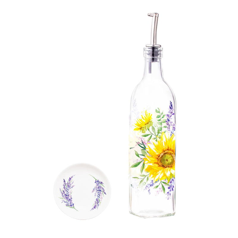 Glass Oil Bottle with Ceramic Dip Dishes, Lavender Fields,3os9862