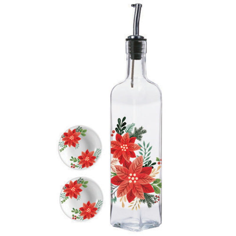 Glass Oil Bottle with Ceramic Dip Dishes, Holiday Greenhouse,3os9899