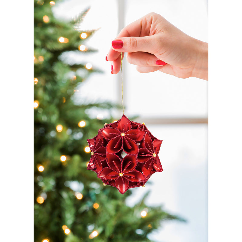 Cardboard Floral Ball Ornament, Red,3ot1185