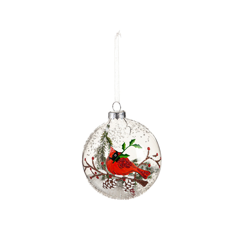 Glass Ball with Cardinal and Snow Ornament, 2 Asst,3ot767