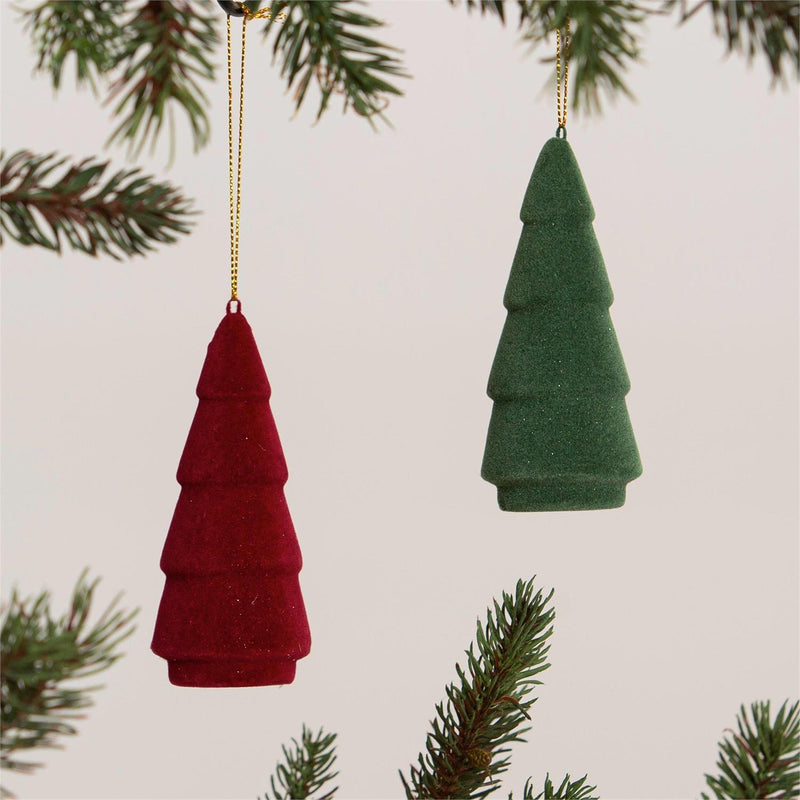 4" Flocked Ceramic Tree Ornament, 2 Asst, Red/Green