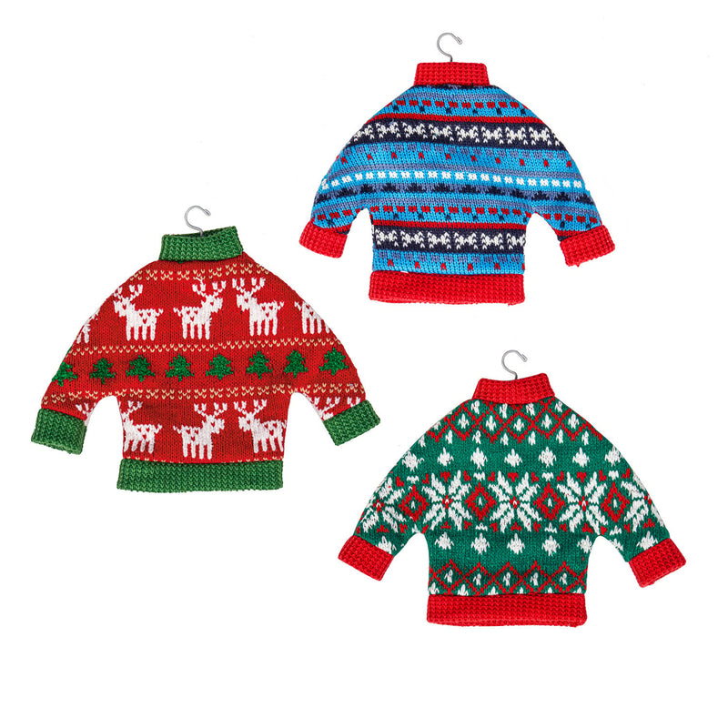 Fabric Holiday Sweater Ornament, 3 Asst: Red/Blue/Green,3otf173