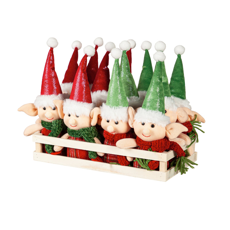 9" Fabric Elf Ornament in 12 piece Wood Tray, 2 Asst., 6 of each,3otf197