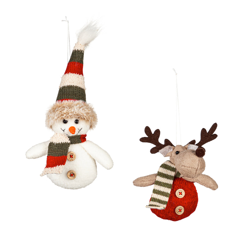 Fabric Ornaments in 12 piece Wood Tray, 2 Asst. Designs, 6 of each, Snowman/Reindeer,3otf201