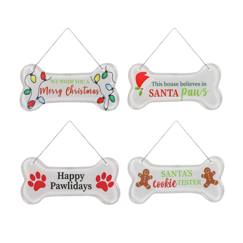 4.5" Glass Dog Bone Shaped Ornament, 4 Asst. Designs,3otg399