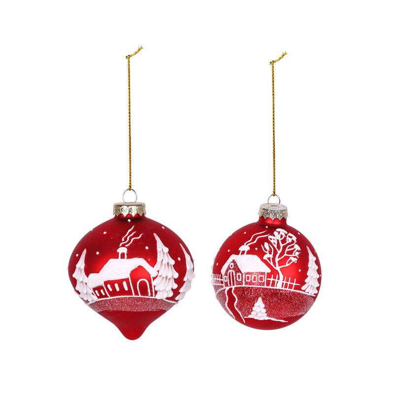 4" Red Glass Winter Scene Ornament, 2 Asst,3otg402