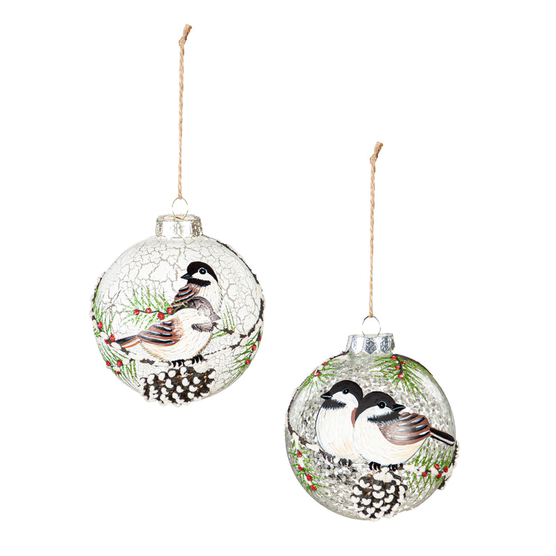 4"" Glass Round Snowbird Ornament, 2 Asst,3otg404