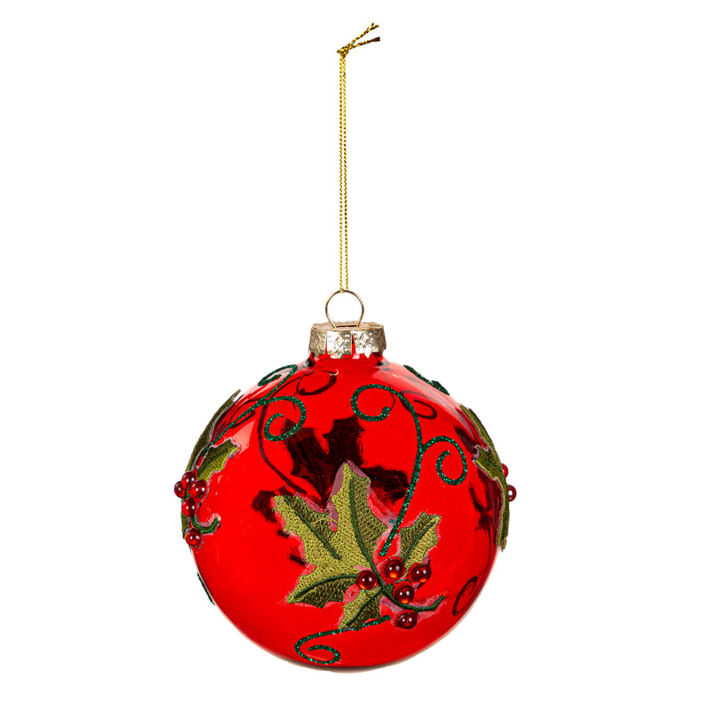 Colored Glass Round Holly Ornament,3otg444