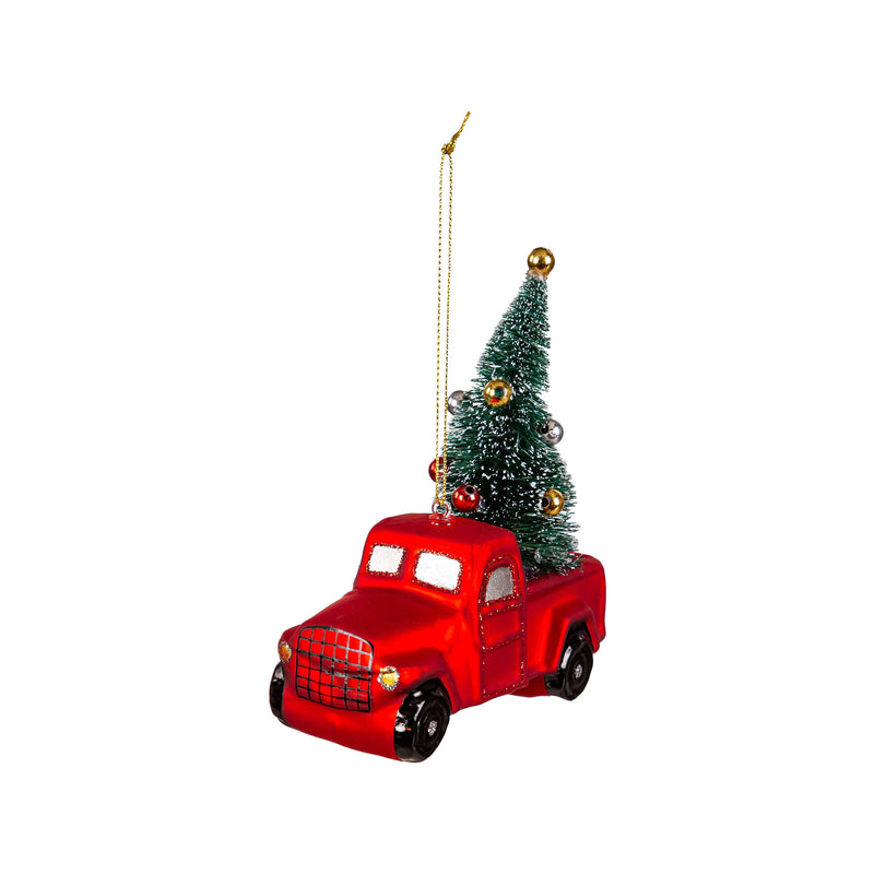 5" Glass Red Truck with Bottle Brush Tree Ornament,3otg448