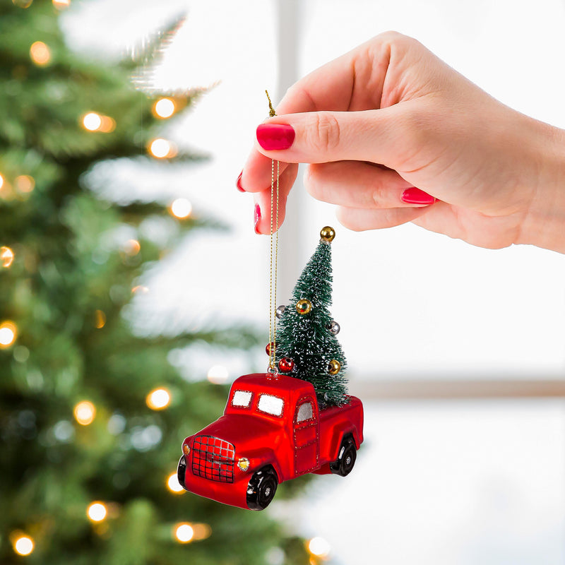 5" Glass Red Truck with Bottle Brush Tree Ornament,3otg448