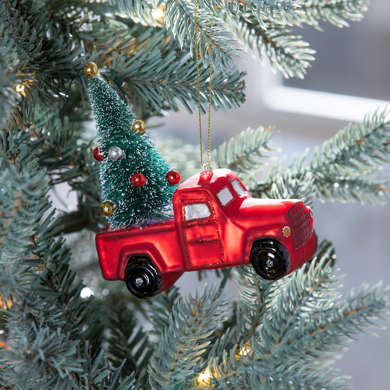 5" Glass Red Truck with Bottle Brush Tree Ornament,3otg448