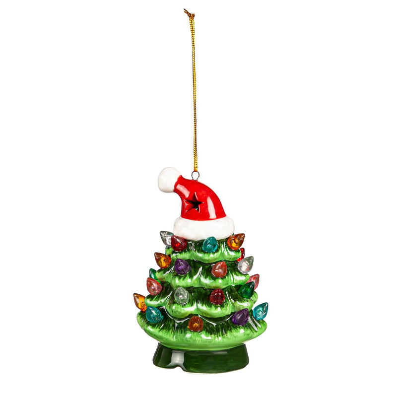 4" LED Ceramic Christmas Tree Ornament with Santa Hat,3otl328