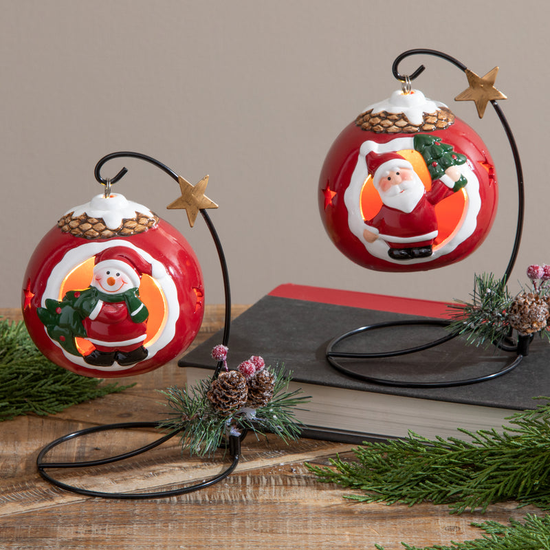 4" LED Ceramic Ornament with Metal Stand, 2 Asst., Santa/Snowman,3otl351