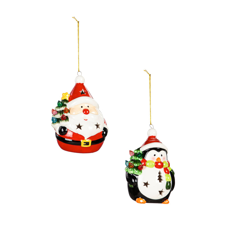 4" LED Ceramic Christmas Icon Ornament, 2 Asst: Santa, Penguin,3otl354