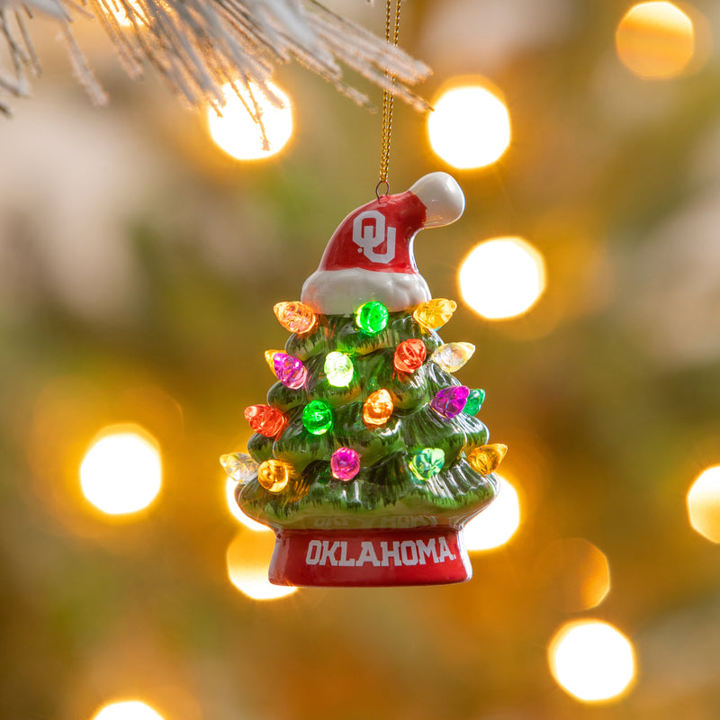 4" LED Ceramic Christmas Tree Ornament with Team Santa Hat, University of Oklahoma,3otl974to