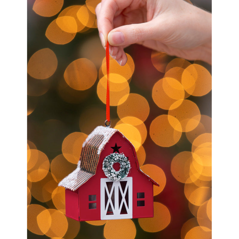 Metal Barn Ornament, 2 Asst: Red/Silver,3otm267