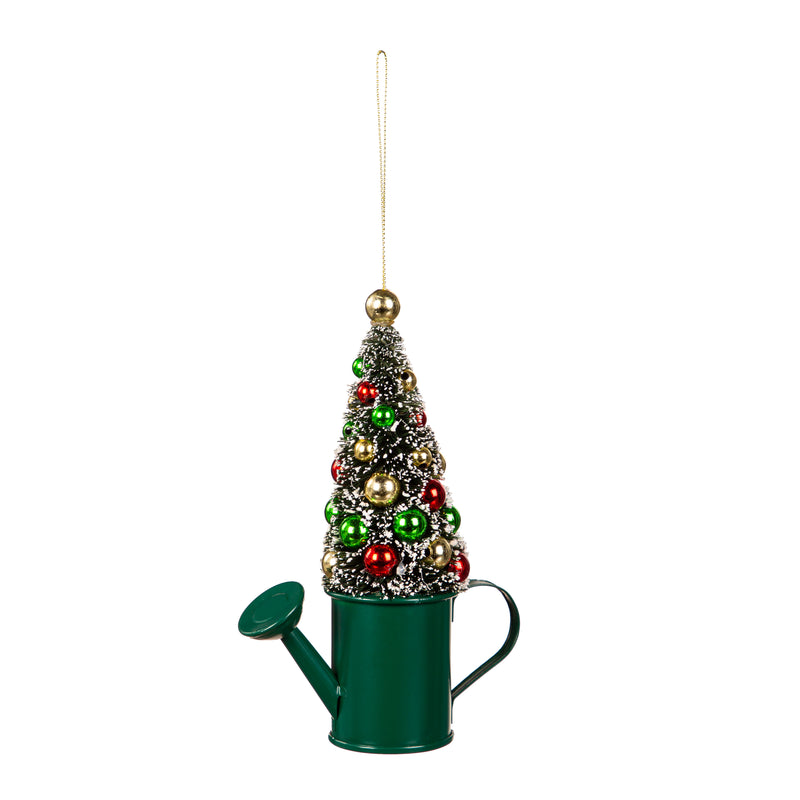 6" Metal Watering Can with Bottle Brush Tree Ornament,3otm417