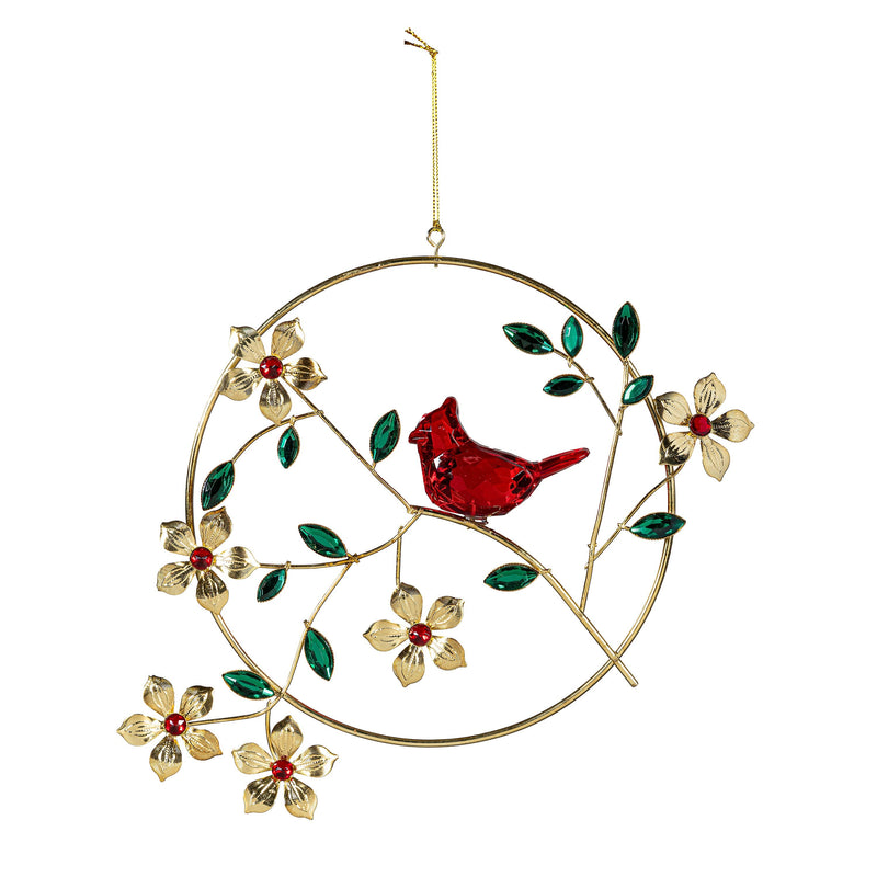 Holiday Poinsettia Hanging Décor Cardinal on Branch with Gem, Metal and Acrylic, 8.75"H