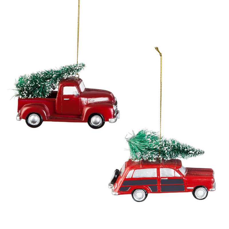 Red Polystone Truck and Station Wagon Ornament, 2 ASST,3otr096