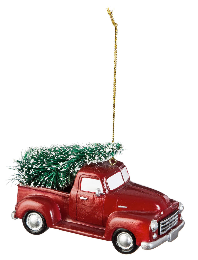 Red Polystone Truck and Station Wagon Ornament, 2 ASST,3otr096