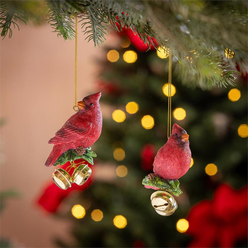 Holiday Poinsettia Ornament Resin Cardinal with Bells, 3.5"H, Asst of 2