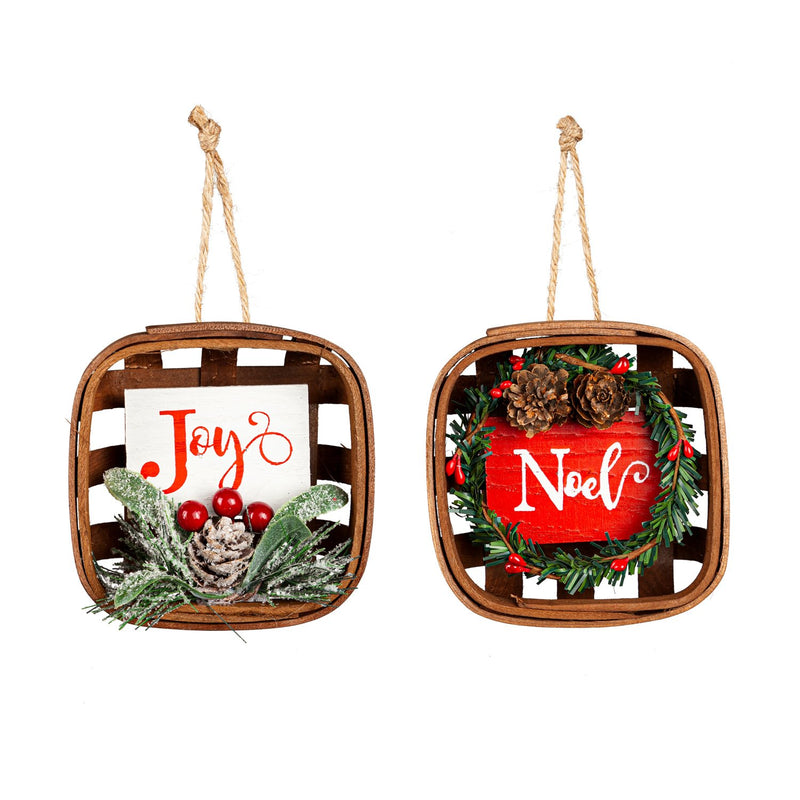 Wood Basket with Sentiment and Artificial, 2 Asst: Joy/Noel,3otw289