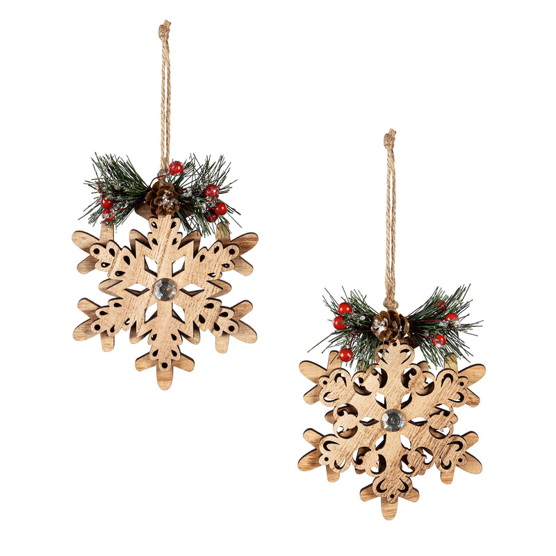5.5" Wood Snowflake Ornament with Artificial, 2 Assorted