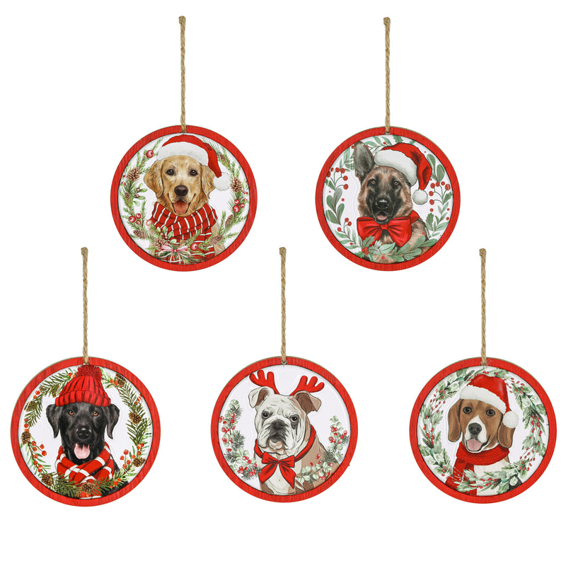 4" Wood Round Dog Ornament, 5 Asst,3otw396