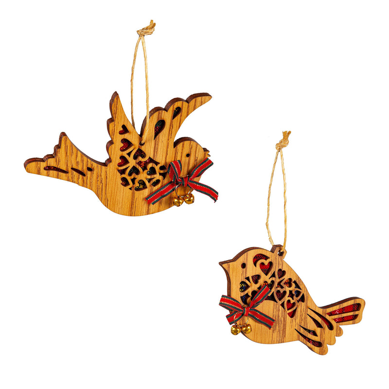 Wood and Fabric Bird with Bow and Bell Ornament,3otw415