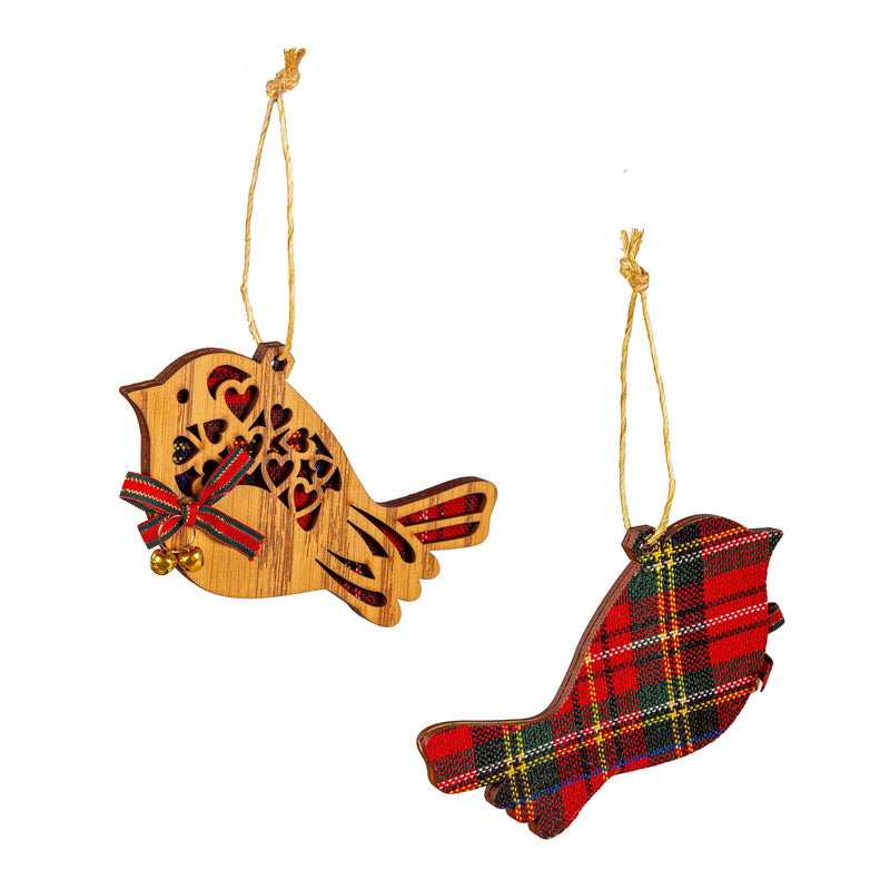 Wood and Fabric Bird with Bow and Bell Ornament,3otw415