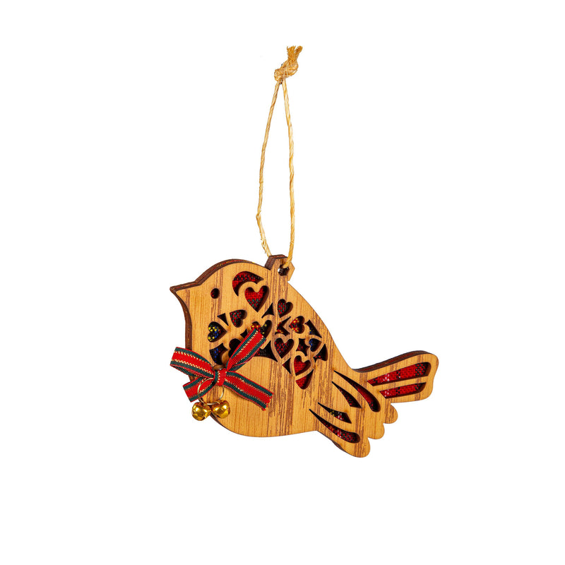 Wood and Fabric Bird with Bow and Bell Ornament,3otw415