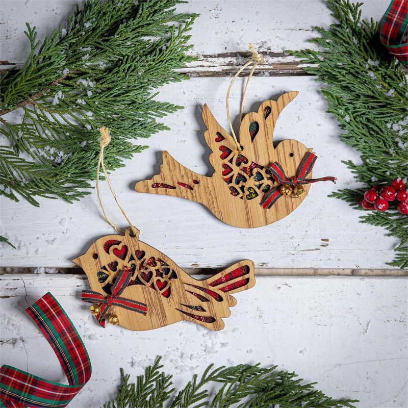 Wood and Fabric Bird with Bow and Bell Ornament