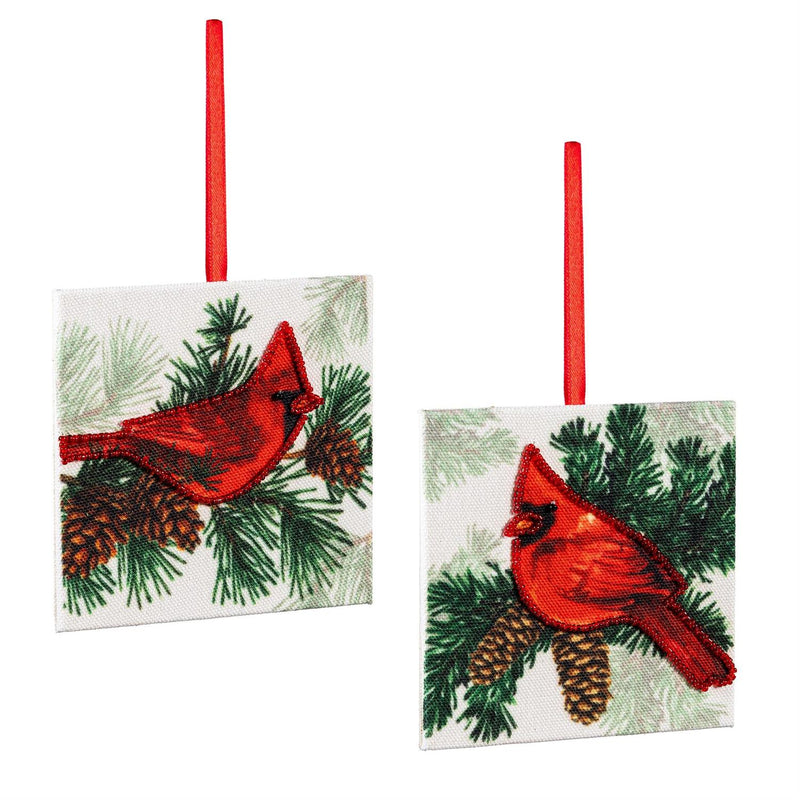 Holiday Poinsettia Ornament Cardinal Square Wood, Asst, 4"